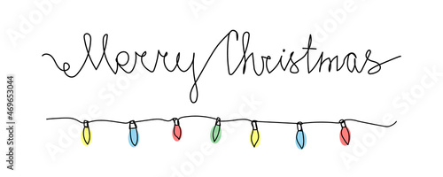 Merry Christmas card with retro electric garland one line art. Continuous line drawing of new year holidays, christmas, illumination, colored lighting, celebration, decoration.