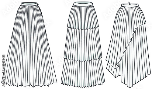 Permanent Pleat Skirt, Tiered Permanent Pleat Skirt, Asymmetric Permanent Pleat Skirt. Fashion Illustration, Vector, CAD, Technical Drawing, Flat Drawing.