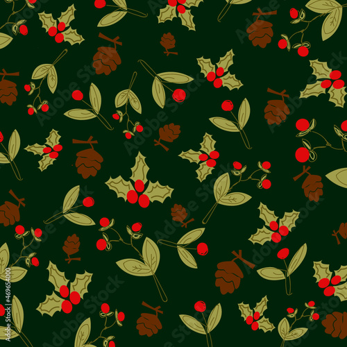 Ornate horizontal Christmas, Holiday border with floral motives and greetings. Universal modern line art florals. Merry xmas header or banner. Wallpaper or backdrop decor. Christmass seamless pattern