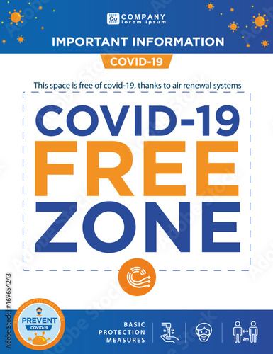 COVID-19. Poster with anti covid-19 measures. Covid-19 Protocols and Regulations. Basic covid protection measures. Temperature control, air renewal and covid-19 free zone. Poster and banners covid-19