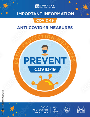 COVID-19. Poster with anti covid-19 measures. Covid-19 Protocols and Regulations. Basic covid protection measures. Temperature control, air renewal and covid-19 free zone. Poster and banners covid-19