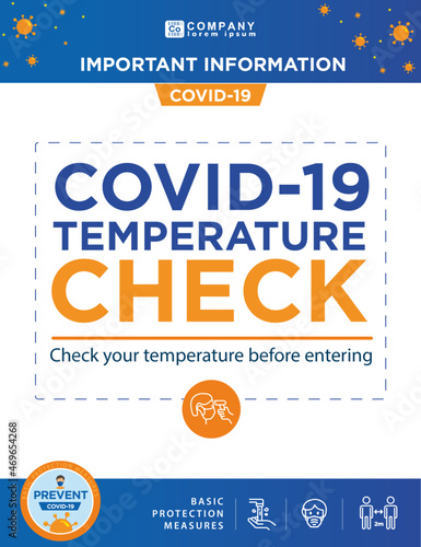 COVID-19. Poster with anti covid-19 measures. Covid-19 Protocols and Regulations. Basic covid protection measures. Temperature control, air renewal and covid-19 free zone. Poster and banners covid-19