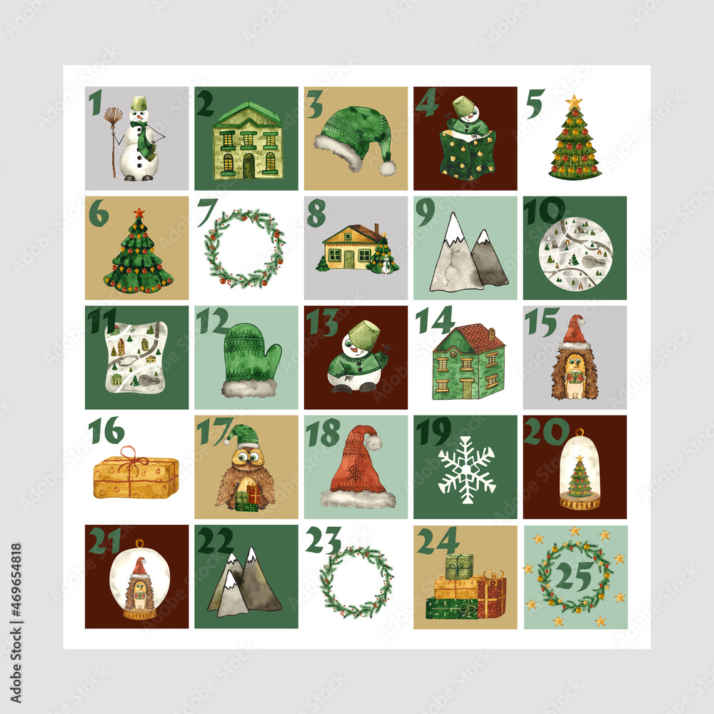 Fototapeta premium Watercolor advent calendar with cute illustrations