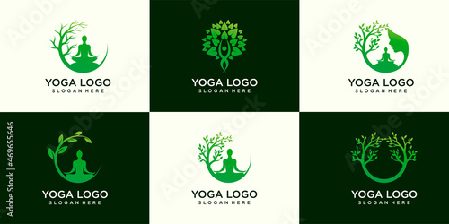 set of Yoga logo vector, a women meditation in Natural place.