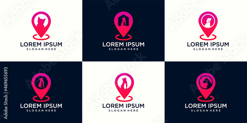 Set of Logo dog cat design vector template and map pointer logo combination. Animals Veterinary clinic Logotype concept outline icon.