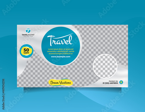 Horizontal social media banner template for travel sale holiday and tour advertising with modern blue and silver color