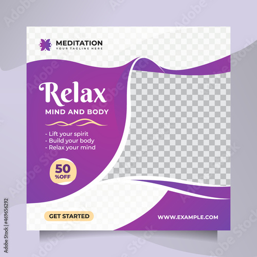 Creative and modern square design social media post and banner template for yoga class, salon and spa promotion with clean purple color