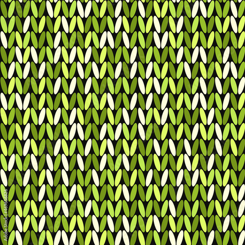 Green melange handmade knit pattern. Vector illustration of knitted seamless texture from multicolor yarn. Abstract heather marl background