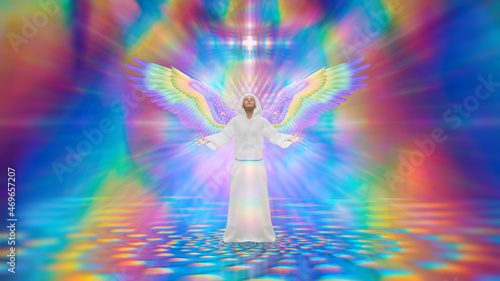 Fotografering 3d illustration rainbow energy around a praying angel