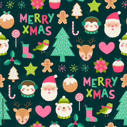 Cute cartoon character and christmas elements seamless pattern background.