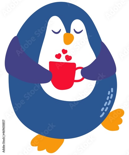 Cute hand-drawn penguin with a cup of cocoa. White background, isolate. Vector illustration.