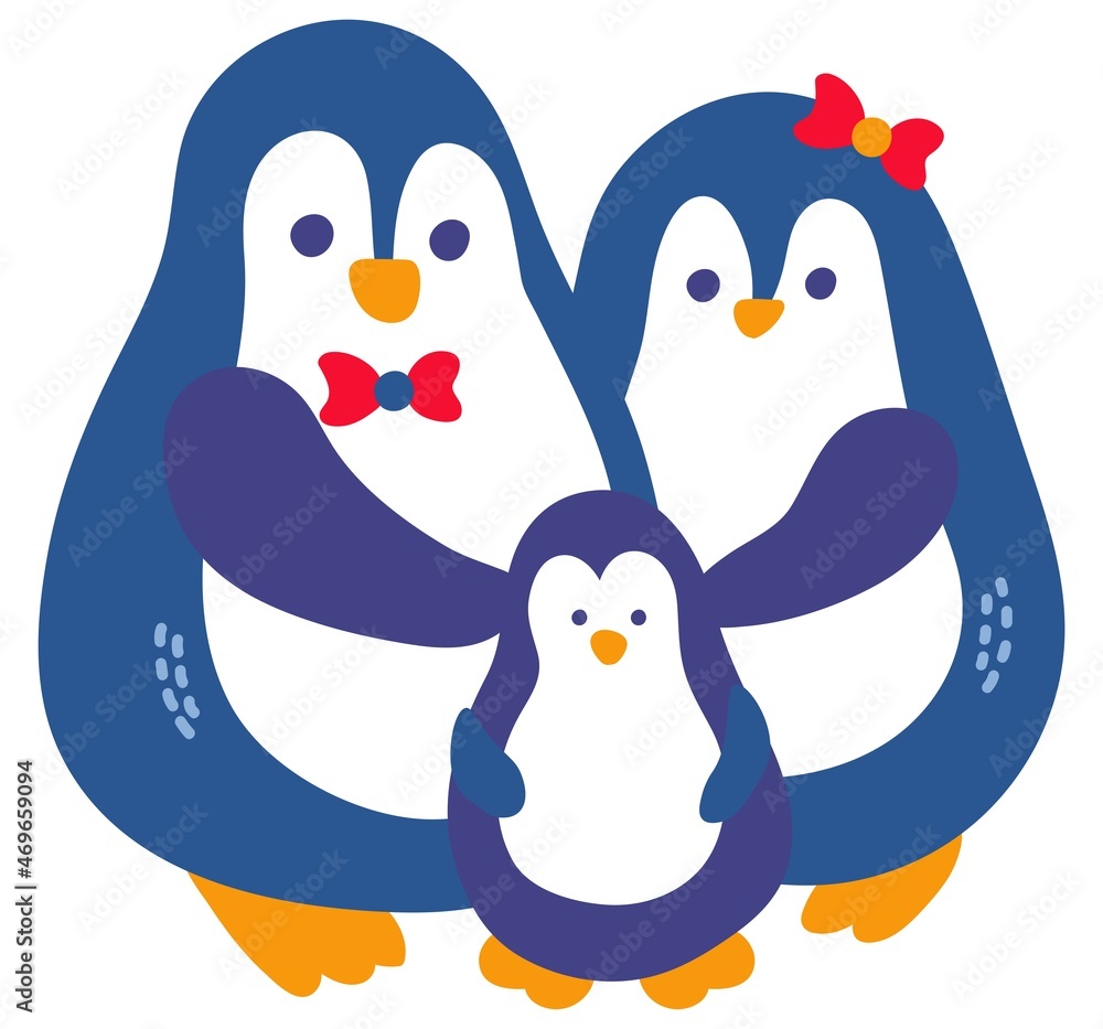 Fototapeta premium Family of penguins. Dad, mom and baby. Hand-drawn style. White background, isolate. Vector illustration.