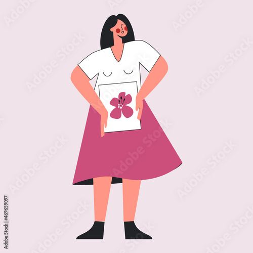 Woman with floral feminine gynecology. Womb wisdom - gynecology and female intimate health concept. Beauty female reproductive system. Woman health, zen and wellness vector illustration