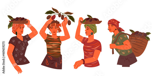 Coffee plantation farmers beautiful women carrying baskets of coffee beans, hand drawn flat vector illustration isolated on white background. Coffeehouse or coffee packaging design element.