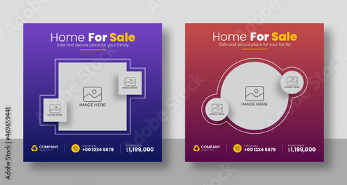Set of social media templates for real estate agency. Square banners for house selling company