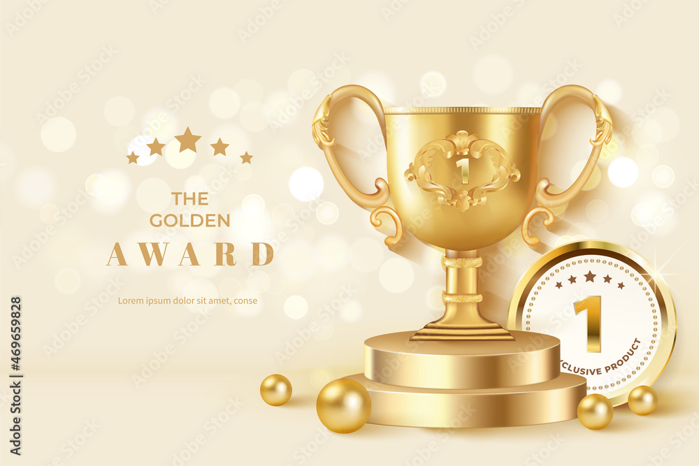 Winner award champion realistic golden trophy and crown template  - obrazy, fototapety, plakaty 