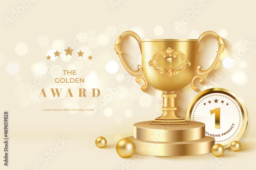 Winner award champion realistic golden trophy and crown template  photo