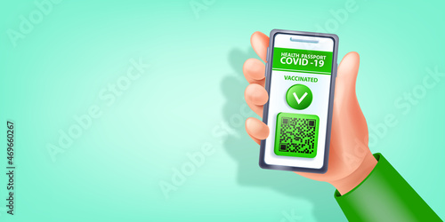 Green pass COVID-19 vaccinated certificate background, digital health passport, hand holding smartphone. European vaccination QR code banner, safe travel requirement. Medical green pass mobile app