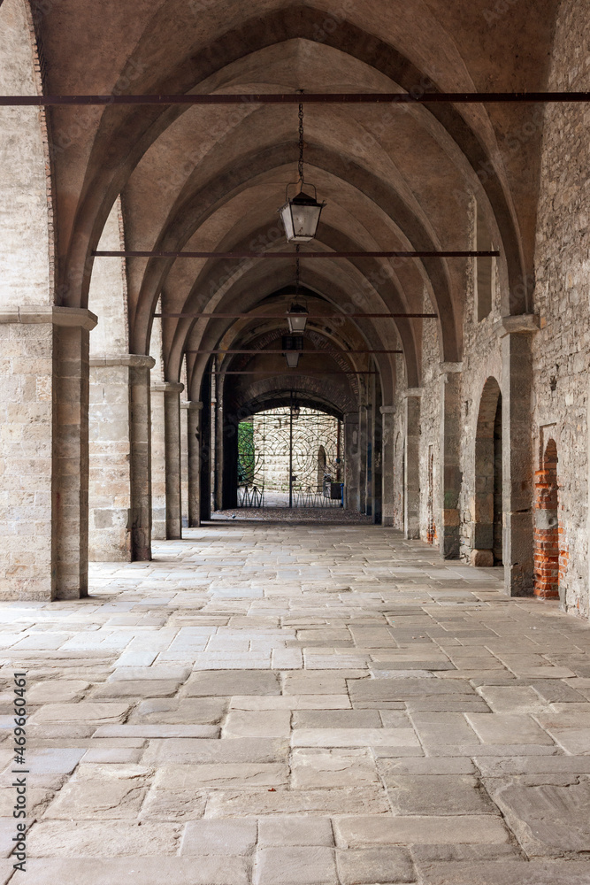 the medieval arcades of Piazza Cittadella, in the Upper Town in Bergamo