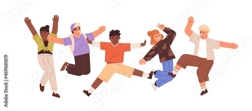 Happy kids jumping with fun and joy. Group of children rejoicing together. Active positive little boys and girls. Excited smiling friends. Flat vector illustration isolated on white background
