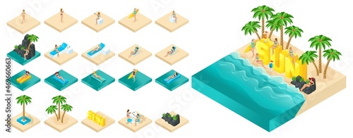 Isometric vector 3d girls in a swimsuit, a set for creating beautiful illustrations on a summer theme. Beach with beautiful sea waves