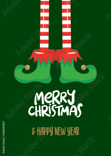 Merry Christmas and Happy New Year - Funny Elf's legs. Santa's little helper. Hand drawn lettering for Xmas greetings cards, invitations. Good for t-shirt, mug, gift, printing press. Little Elf. photo