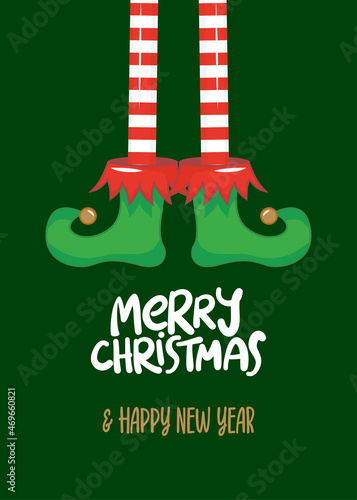 Merry Christmas and Happy New Year - Funny Elf's legs. Santa's little helper. Hand drawn lettering for Xmas greetings cards, invitations. Good for t-shirt, mug, gift, printing press. Little Elf.