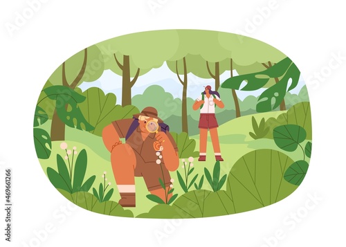 Biologist explore plants in forest. People travel in summer with magnifying glass, looking and studying nature outdoor. Landscape with explorers. Flat vector illustration isolated on white background