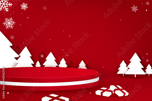 Stage podium mock up for product placement on red Christmas background