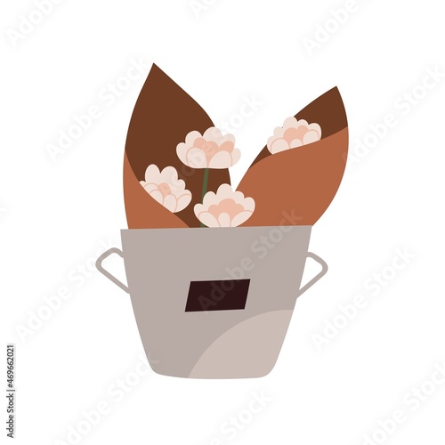 Flower bouquet in craft paper wrapping. Floral bunch in metal bucket for sale. Cut fresh blooms in kraft. Delicate pretty spring posy. Flat vector illustration of plant isolated on white background