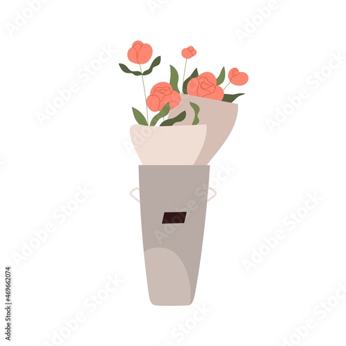 Flower bouquets in bucket. Floral bunches in paper wrapping in metal vase. Cut fresh posies of blooming roses. Garden flora for sale. Flat vector illustration of plant isolated on white background