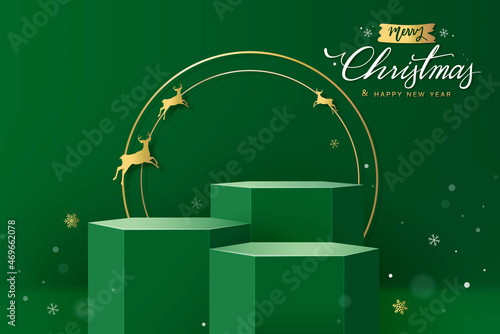 Stage podium mock up for product placement on green Christmas background