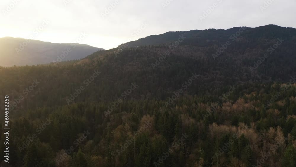 Aerial view of the forest covered mountain range in the golden hour light of sunset Aerial view of the forest covered mountain range in the golden hour light of sunset
