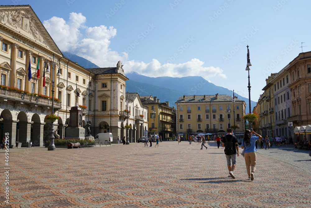 AOSTA, ITALY - AUGUST 20, 2021: Emile Chanoux main square, Aosta, Italy