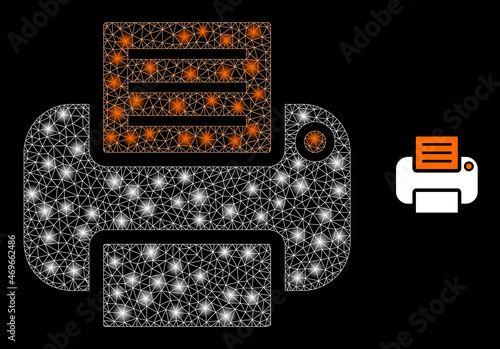 Glossy polygonal mesh net printer icon with glow effect on a black background. Wire frame printer iconic vector with illuminated points in vibrant colors.