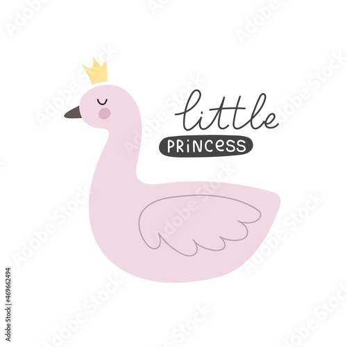 little princess. Cartoonswan  hand drawing lettering. colorful vector illustration  flat style. baby design for cards  t-shirt print  poster