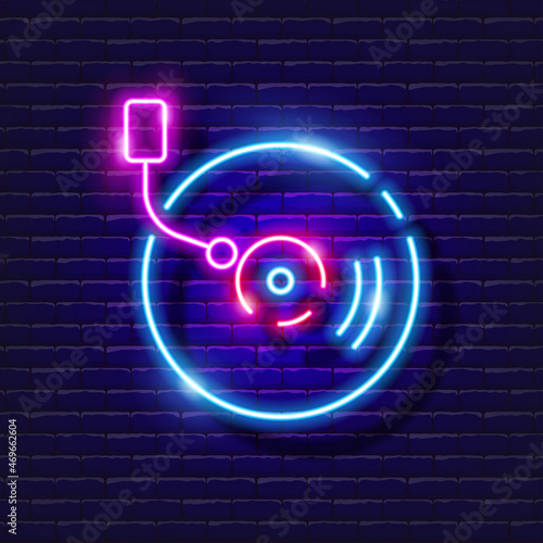 Music plate neon icon. Music glowing sign. Music concept. Vector illustration for Sound recording studio design, advertising, signboards, vocal studio.