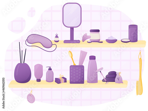 Spa relax and body care elements in bathroom set. Cosmetology treatment for women beauty. Digital vector illustration