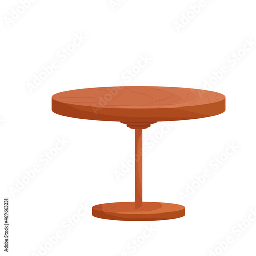 Wooden round rustic table in cartoon style isolated on white background. Textured furniture, small coffee table. Vintage object.