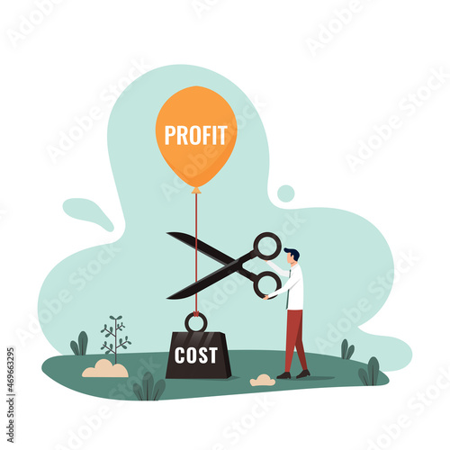 Cost reduction, cut expense to increase profit. improve business profitability by reduce spending. businessman using scissors to cut heavy cost burden and let profit run
