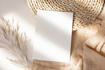 Invitation card mockup 5x7 on beige background