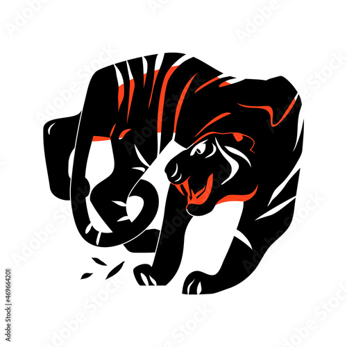 Growling tiger. Graphic illustration for printing and cutting, linocut and stencil, calendar. Chinese New Year, the symbol of 2022. Black and white template for seals and stamps or tattoos.