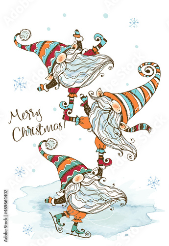 Christmas card with a fun cute family of Nordic gnomes with gifts. Watercolors and graphics. Doodle style