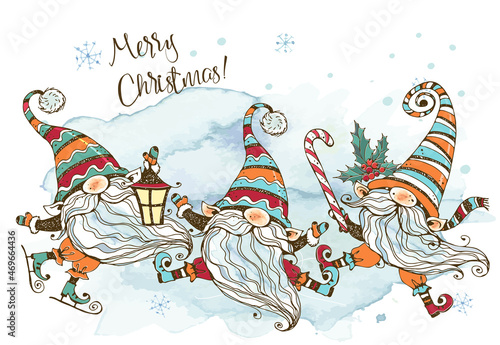 Christmas card with a fun cute family of Nordic gnomes with gifts. Watercolors and graphics. Doodle style