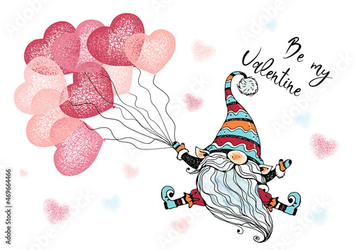 Valentine's Day card with a cute gnome with balloons in the form of hearts . Vector