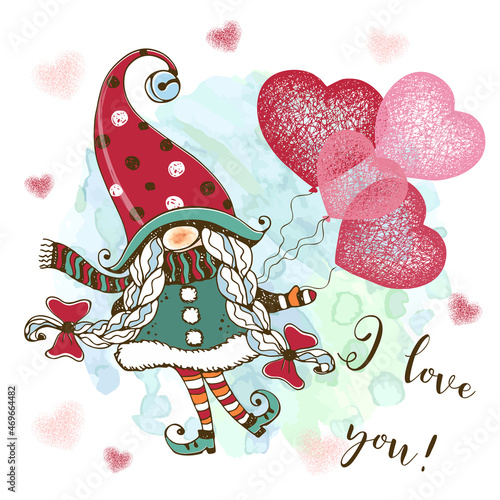 Valentine's Day card with a cute gnome girl with balloons. Vector