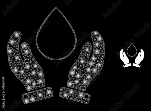 Glossy polygonal mesh web water drop care hands icon with glitter effect on a black background. Carcass water drop care hands iconic vector with glitter dots in bright colors.