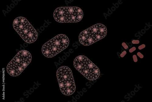Glossy polygonal mesh net microbes icon with glare effect on a black background. Wire frame microbes iconic vector with glitter dots in stardust colors.