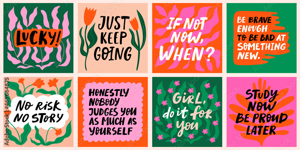Handdrawn motivational quotes to keep inspired for success, lettering posters, greeting cards. Phrases for business goals, self development, personal growth. Perfect for prints and social media
