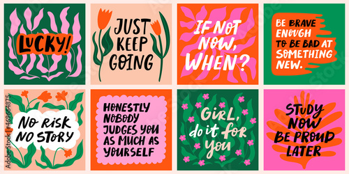 Handdrawn motivational quotes to keep inspired for success, lettering posters, greeting cards. Phrases for business goals, self development, personal growth. Perfect for prints and social media